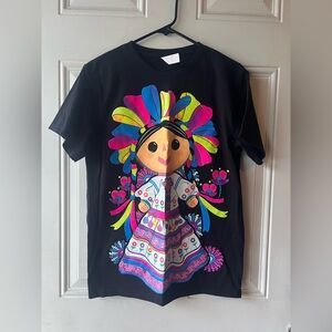 Vibrant Black Kids Tee with Doll Design